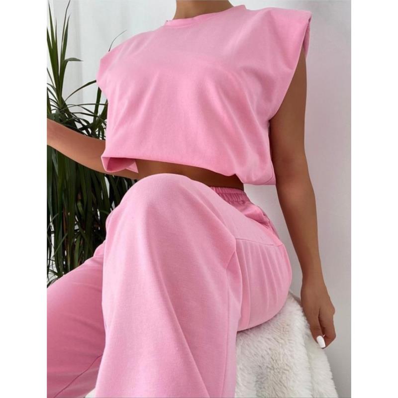 SS1020 Γυναικείο Σετ crop top με βάτες και Παντελόνι -Ροζ