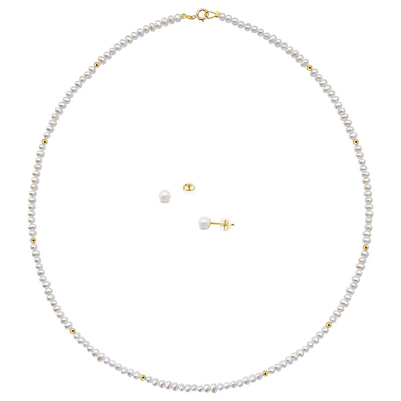 Σετ χρυσό Κ14 κολιέ με χρυσά στοιχεία και σκουλαρίκια με λευκά μαργαριτάρια - F124066