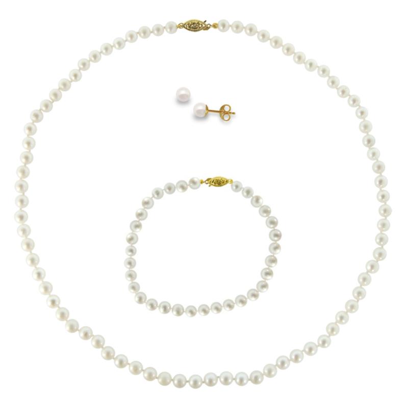 Σετ κολιέ, σκουλαρίκια και βραχιόλι σε Κ14 χρυσό με λευκά μαργαριτάρια - M990007