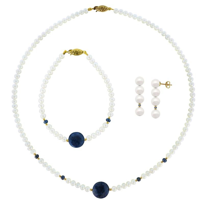 Σετ κολιέ, σκουλαρίκια και βραχιόλι σε Κ14 χρυσό με λευκά μαργαριτάρια και ζαφείρια - M990012