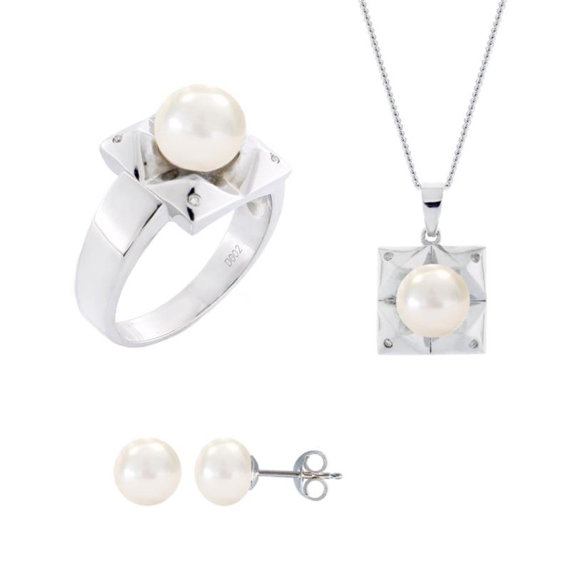 Σετ δαχτυλίδι, μενταγιόν και δώρο σκουλαρίκια με λευκά μαργαριτάρια σε ασήμι 925 - M990059