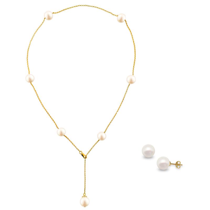 Σετ κολιέ και σκουλαρίκια σε Κ18 χρυσό με λευκά μαργαριτάρια - M990073