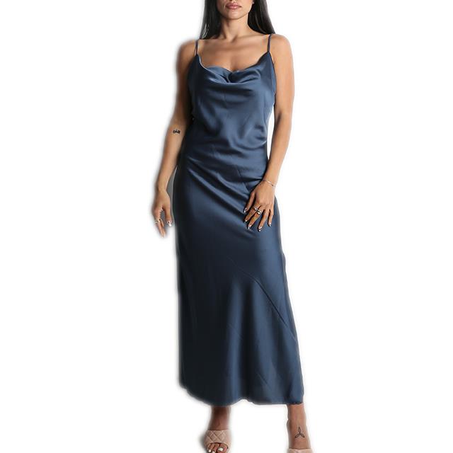 Φόρεμα μάξι σατέν τιράντα (Μπλε)