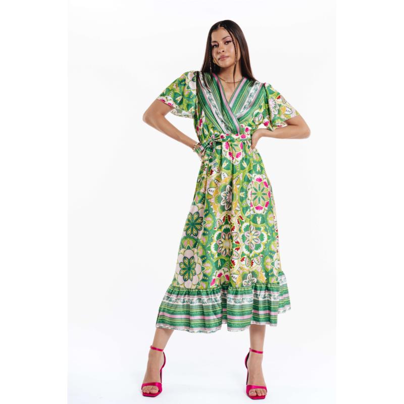 Πράσινο Σατέν Μακρύ Φόρεμα σε Έντονο Print & Βολάν