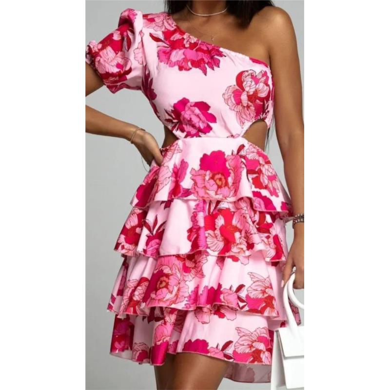Φόρεμα mini floral με έναν ώμο & άνοιγμα στην πλάτη - Ροζ