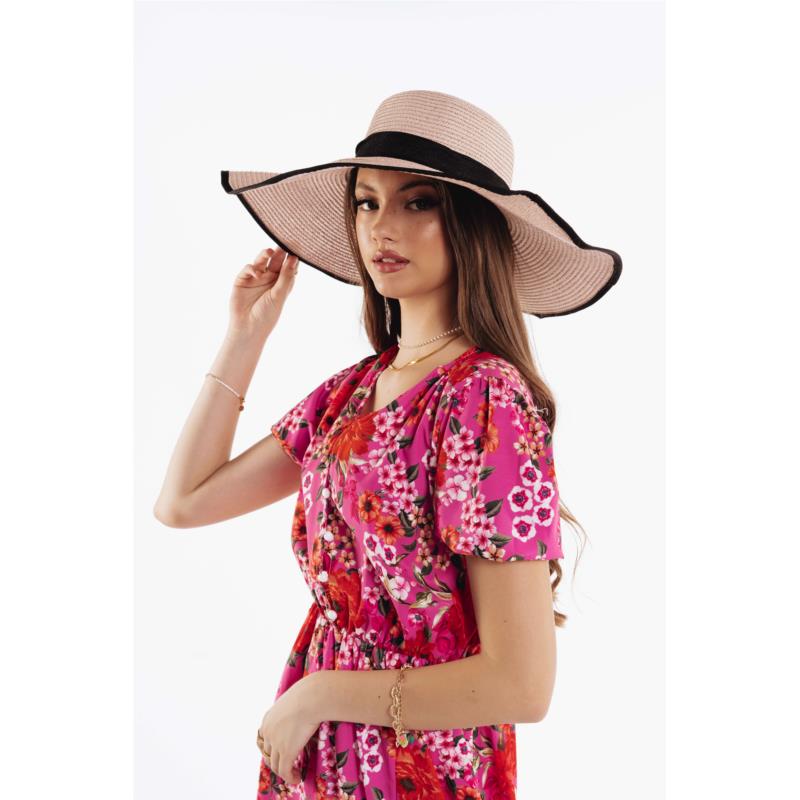 Ροζ Μεγάλο Ψάθινο Καπέλο με Μαύρη Γάζα Περιμετρικά
