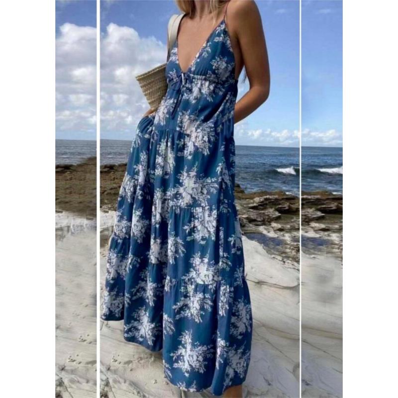 Floral maxi φόρεμα τιράντα - Μπλε