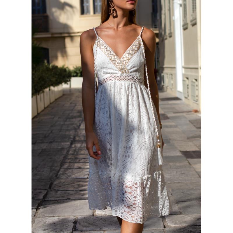 Φόρεμα δαντέλα με σχοίνινα ραντάκια - Λευκό