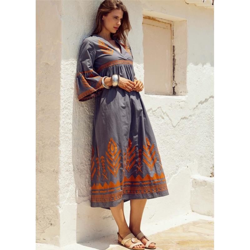 Φόρεμα με ethnic κεντητό μοτίβο - Γκρι