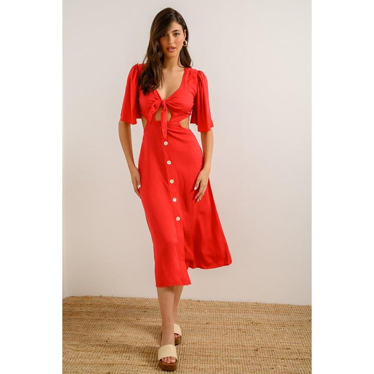 Maxi φόρεμα με κουμπιά και cut out λεπτομέρειες (RED)