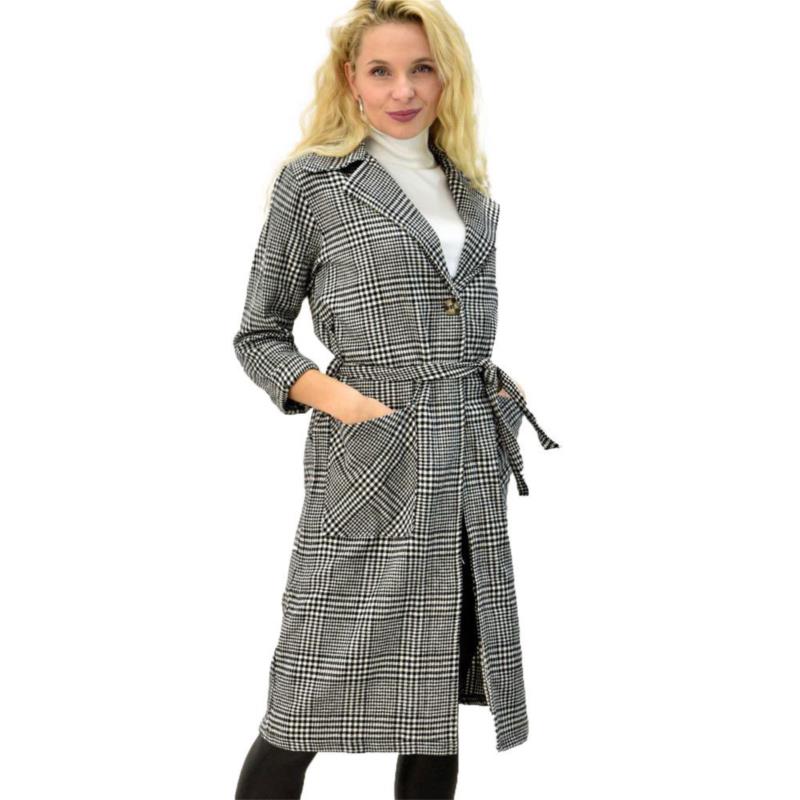 Γυναικείο παλτό καρό με γιακά και ζώνη Μαύρο 8851