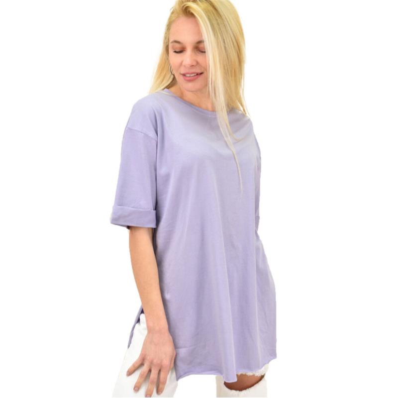 Γυναικείο T-shirt μονόχρωμο oversized Λιλά 14034