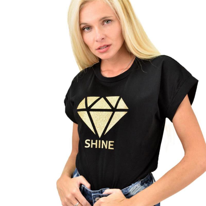Γυναικείο T-Shirt με τύπωμα shine Μαύρο 13274