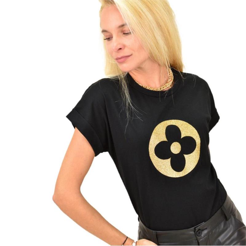 Γυναικείο T-shirt με χρυσό τύπωμα λουλούδι Μαύρο 13289