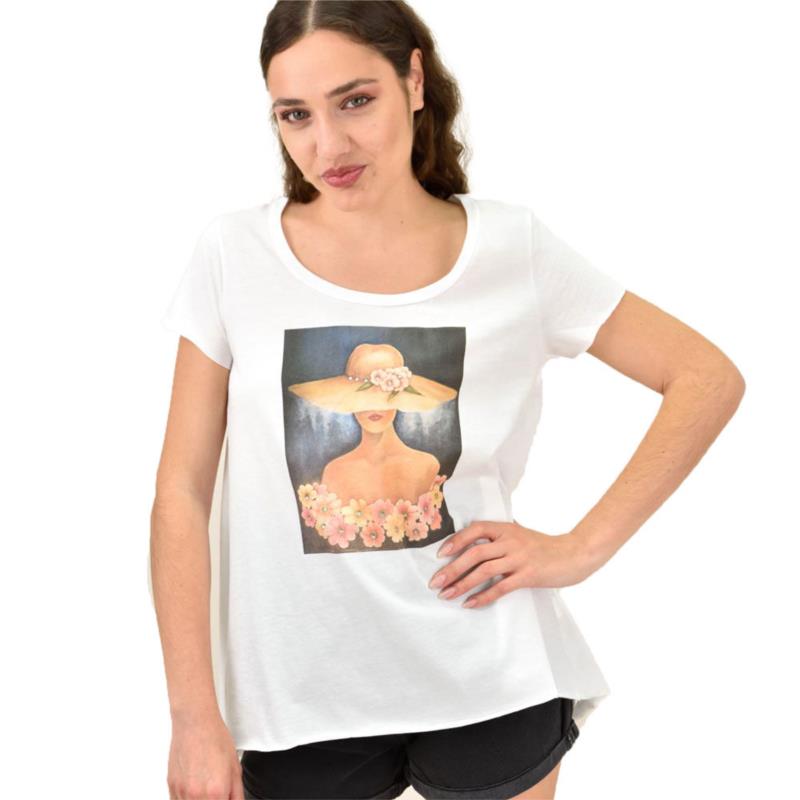 Γυναικείο T-shirt με τύπωμα κοπέλα και στρας Λευκό 15360