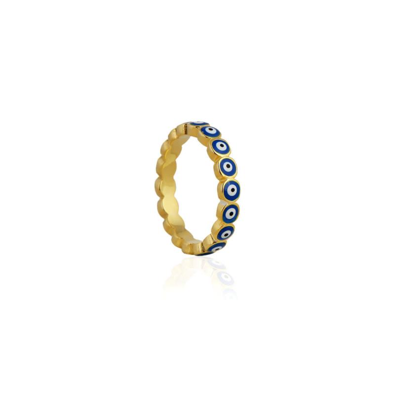Ασημένιο Δαχτυλίδι με Ματάκι και Μπλε Σμάλτο Επιχρυσωμένο