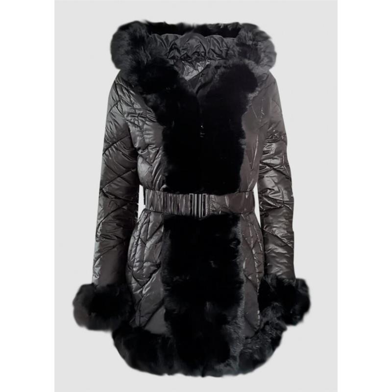 μεσάτο μπουφάν με ζώνη & πλούσια γούνα εξωτερικά - Μαύρο