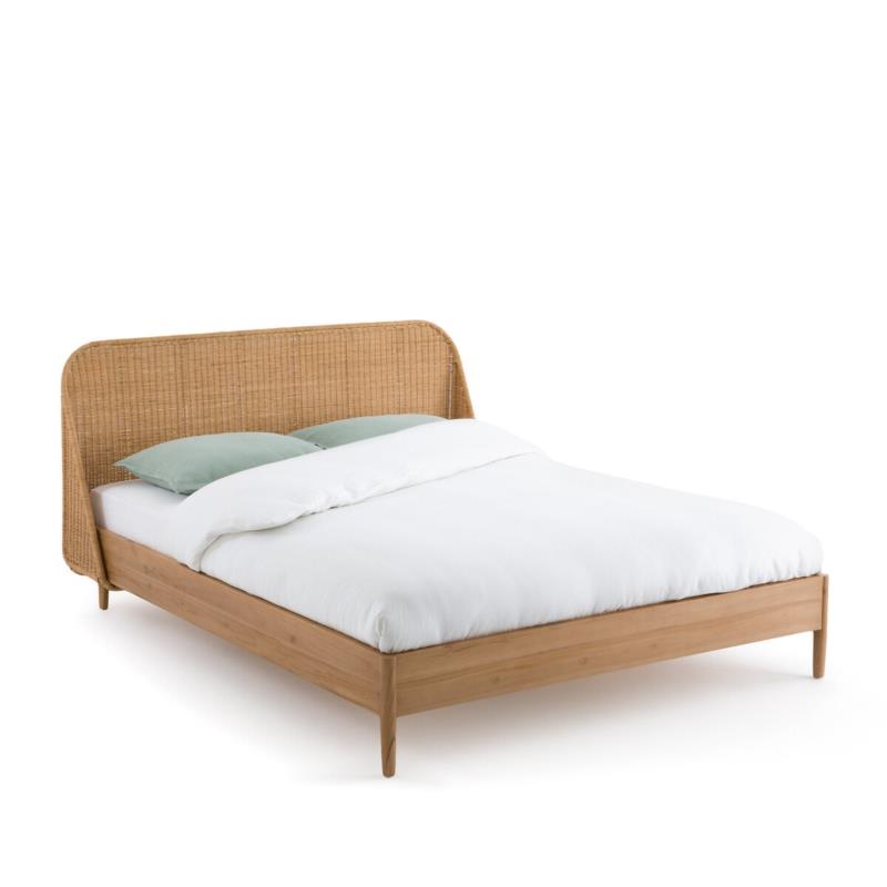 Κρεβάτι από μασίφ ξύλο teak και πλεγμένο ρατάν