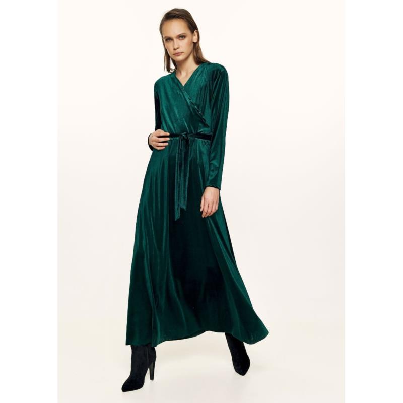 Μακρύ βελούδινο φόρεμα με ζώνη - Πράσινο