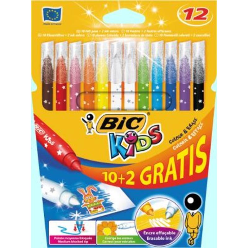 Bic 10+2 Μαρκαδόροι Ζωγραφικής Kids Colour & Erase (880507)