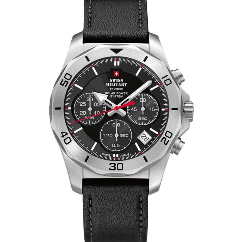 SWISS MILITARY by CHRONO Solar Chronograph- SMS34072.04 Silver case with Black Leather Strap