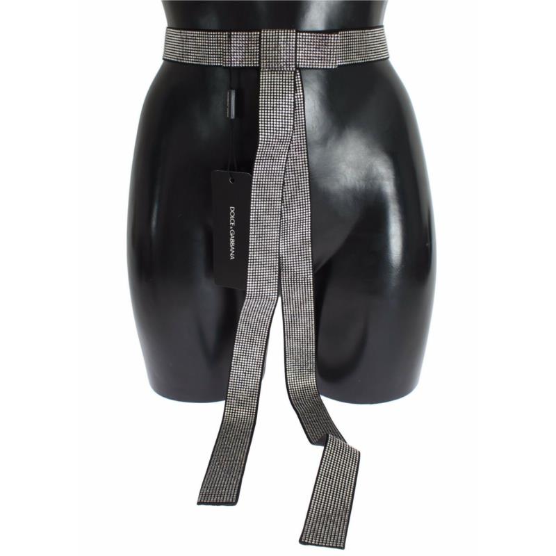 Dolce & Gabbana Black Silk Clear Crystal Bow Waist Belt NOC10069 S