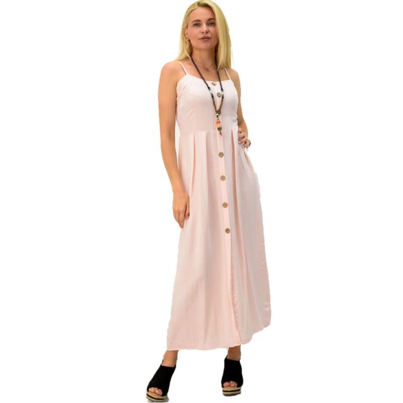 Λινό φόρεμα με κουμπιά Απαλό Ροζ 2787