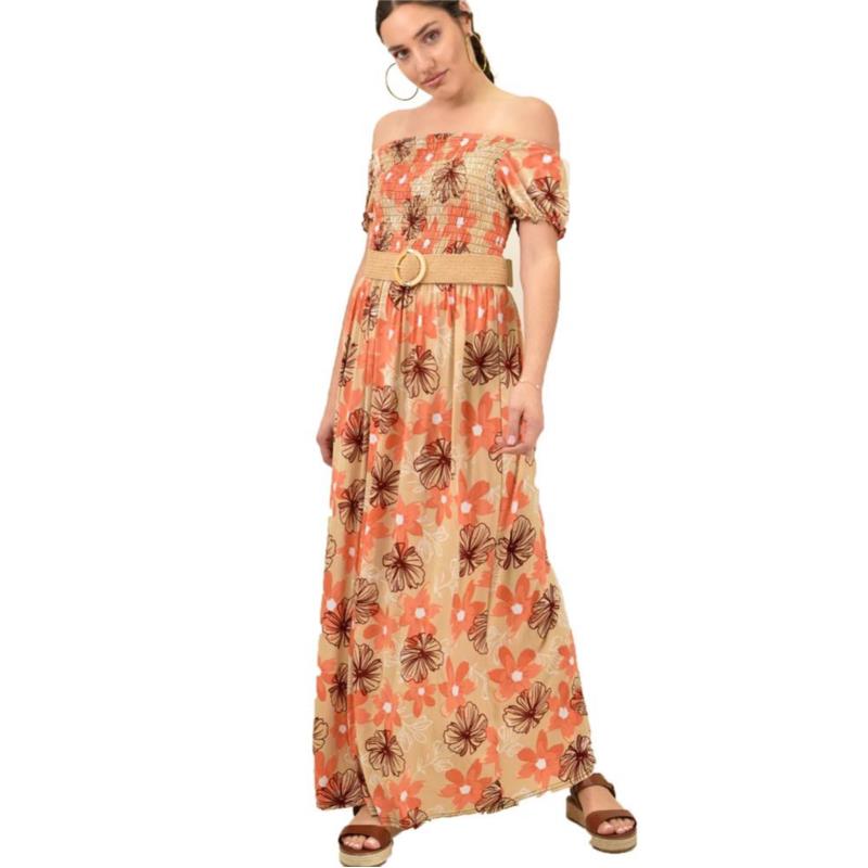 Γυναικείο φόρεμα φλοράλ στράπλες Πορτοκαλί 16044