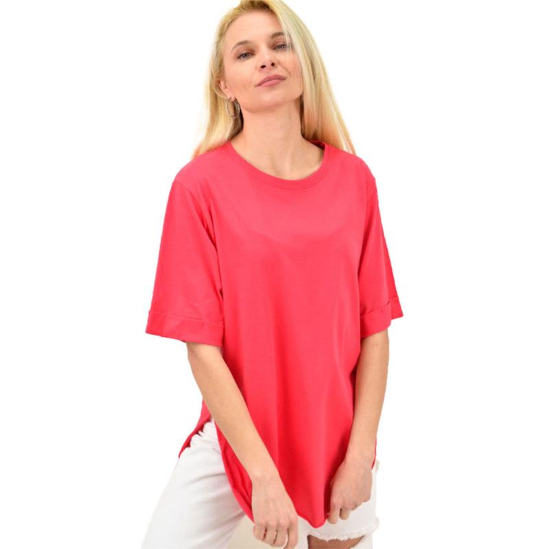 Γυναικείο T-shirt μονόχρωμο oversized Φούξια 14048