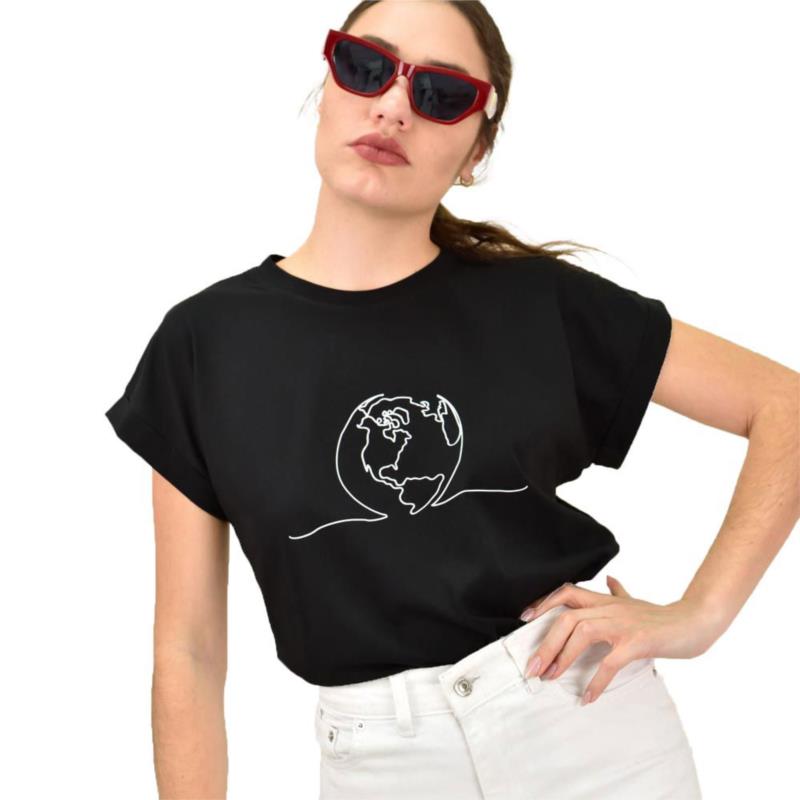 Γυναικείο T-shirt με στάμπα γη Μαύρο 15303