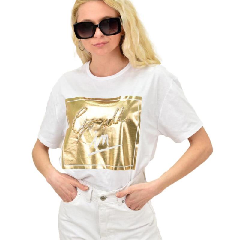 Γυναικείο T-shirt με τύπωμα και στρας Λευκό 14970