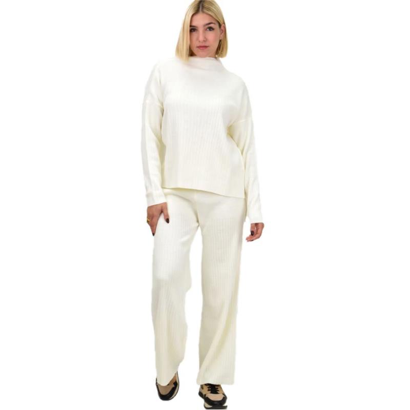 Πλεκτό σετ ριπ πουλόβερ με παντελόνι Λευκό 13029