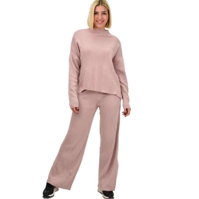 Πλεκτό σετ ριπ πουλόβερ με παντελόνι Ροζ 13028