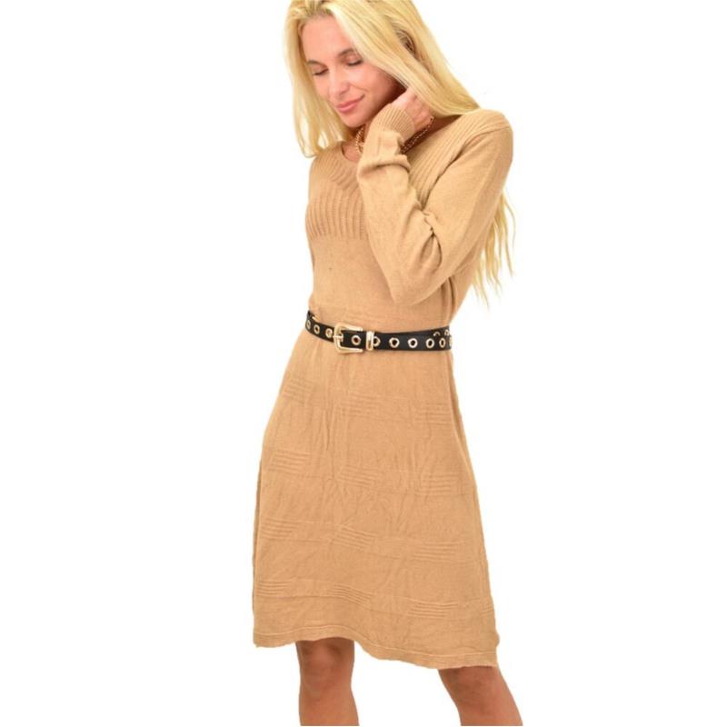 Γυναικείο πλεκτό midi φόρεμα με σχέδιο Μπεζ 12858