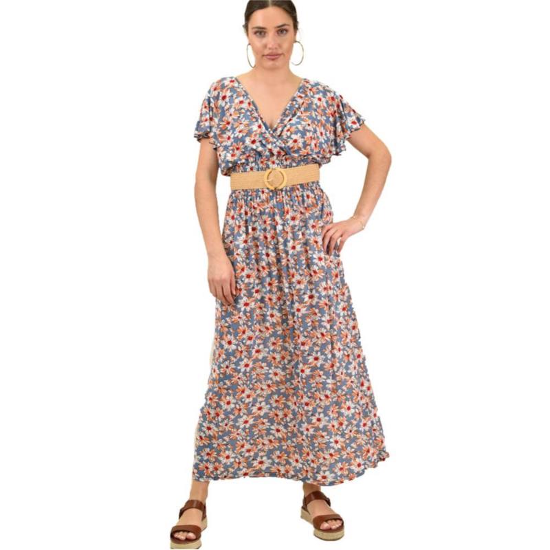 Γυναικείο φόρεμα κρουαζέ φλοράλ Πορτοκαλί 16053