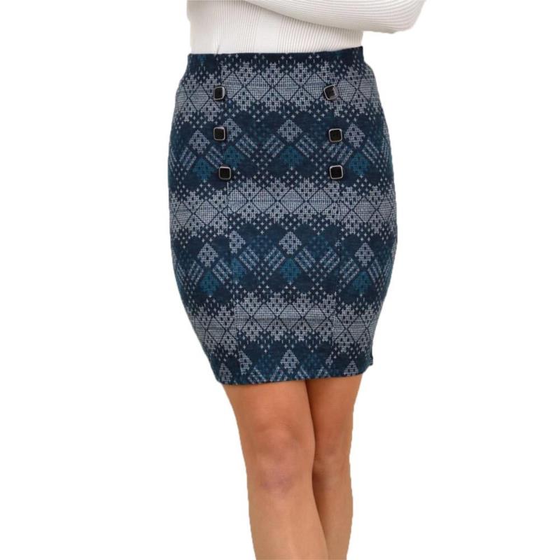 Μίντι φούστα με μοτίβο και κουμπιά Πετρόλ 18521