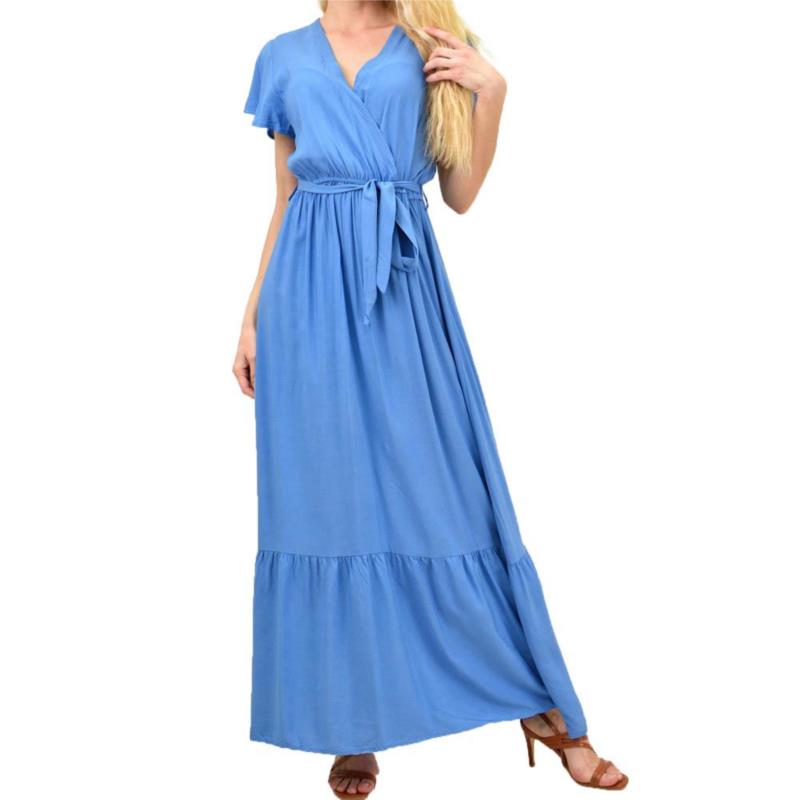 Γυναικείο φόρεμα μονόχρωμο κρουαζέ Μπλε 14188