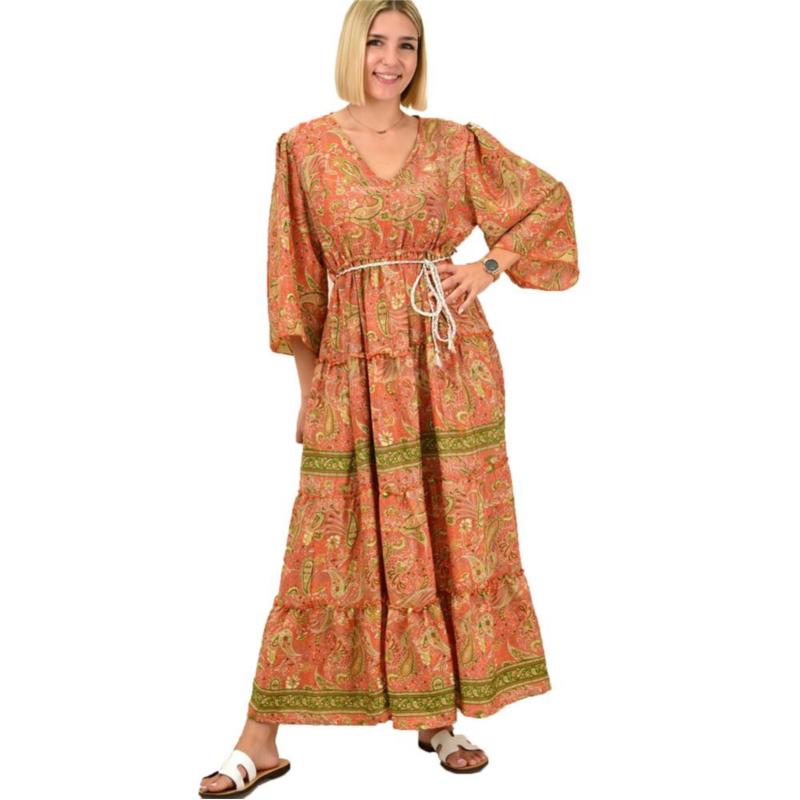 Γυναικείο φόρεμα boho με ζώνη Πορτοκαλί 16685