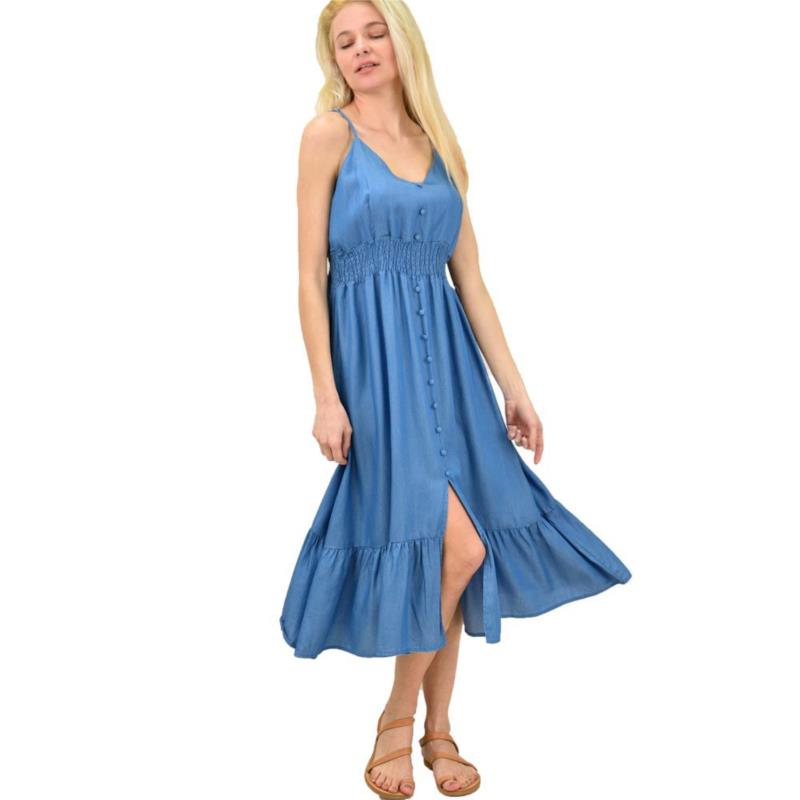 Γυναικείο φόρεμα τύπου τζιν με κουμπιά Μπλε Τζιν 14432