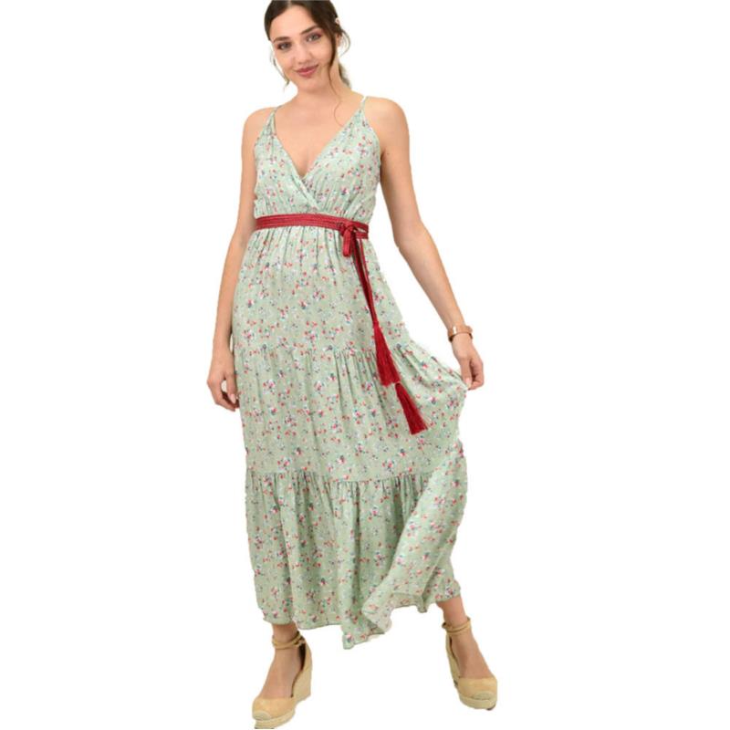 Γυναικείο φόρεμα κρουαζέ φλοράρ Φυστικί 15391