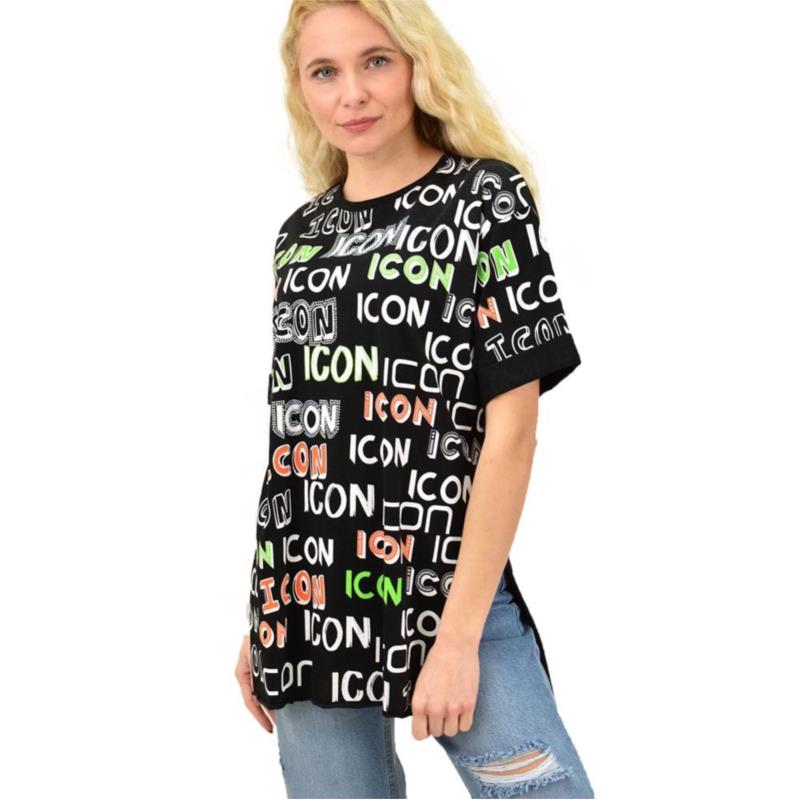 Γυναικείο T-shirt με στάμπα και στρας oversized ICON Μαύρο 13762
