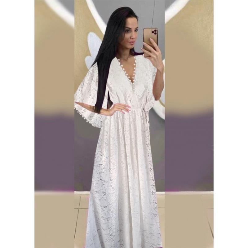 Maxi φόρεμα δαντέλα με φαρδιά μανίκια & φουντάκια - Λευκό