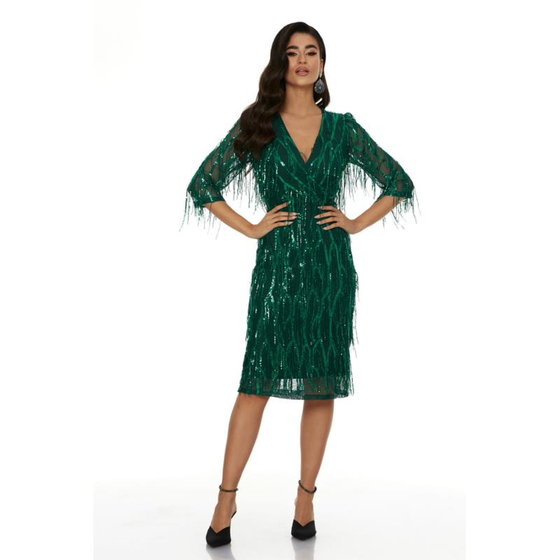 Μίντι Glam Φόρεμα Με Κρόσσια Παγιέτες Πράσινο