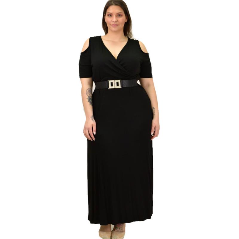 Κρουαζέ φόρεμα με άνοιγμα στους ώμους με μεγάλα μεγέθη Μαύρο 19073