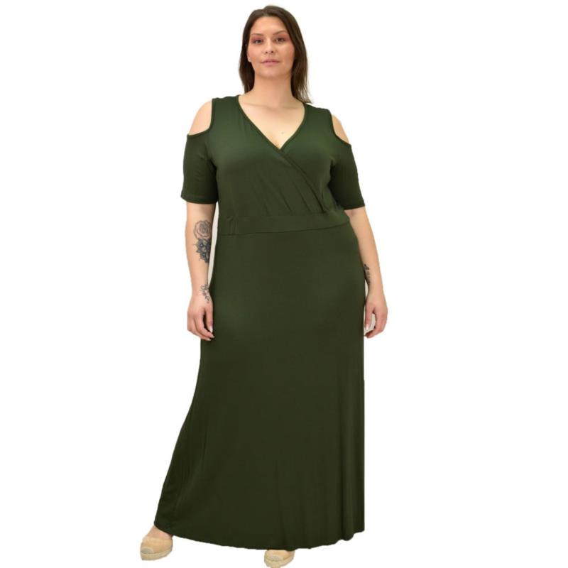Κρουαζέ φόρεμα με άνοιγμα στους ώμους με μεγάλα μεγέθη Χακί 19076