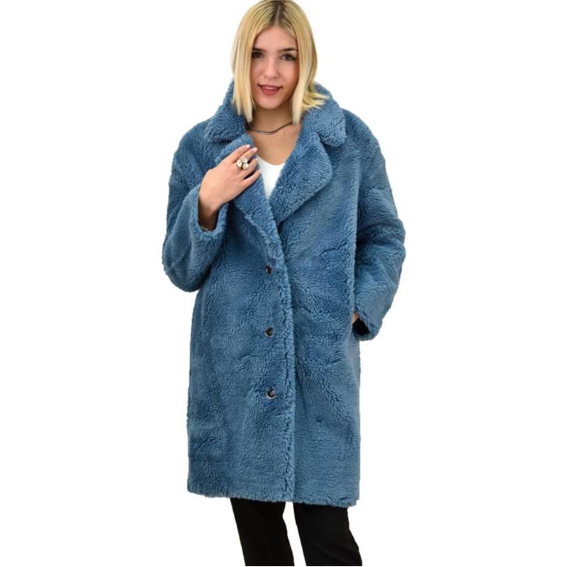 Γυναικείο παλτό με γιακά και κουμπιά Μπλε 18394
