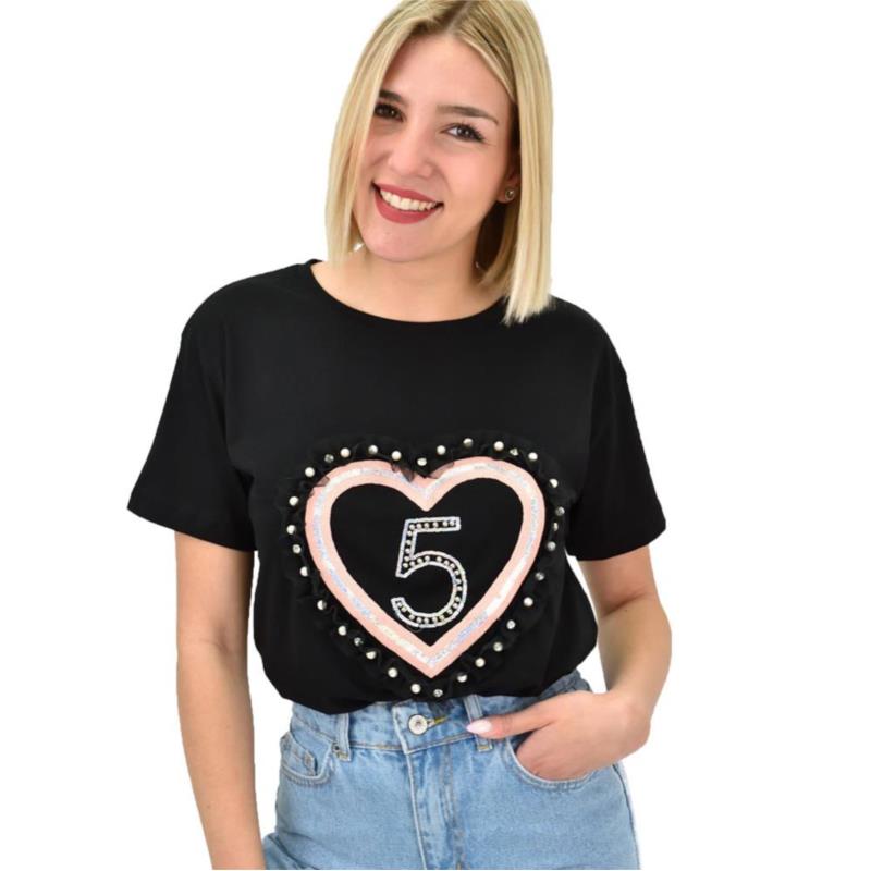 Γυναικείο T-shirt με στρας και σχέδιο καρδιά Μαύρο 19372
