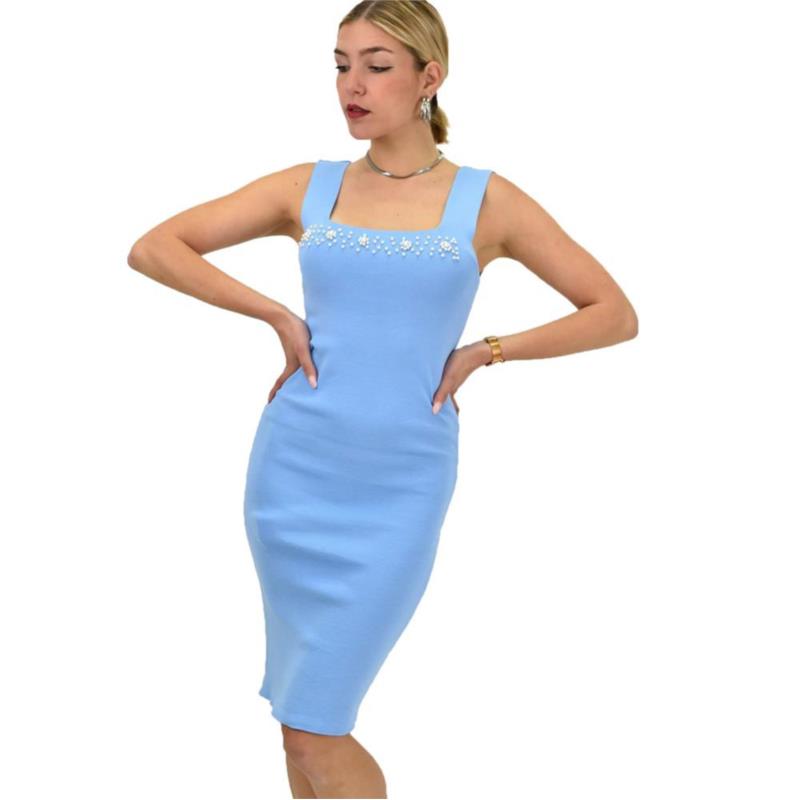 Γυναικείο φόρεμα μονόχρωμο με τετράγωνη λαιμόκοψη και πέρλες Γαλάζιο 20350