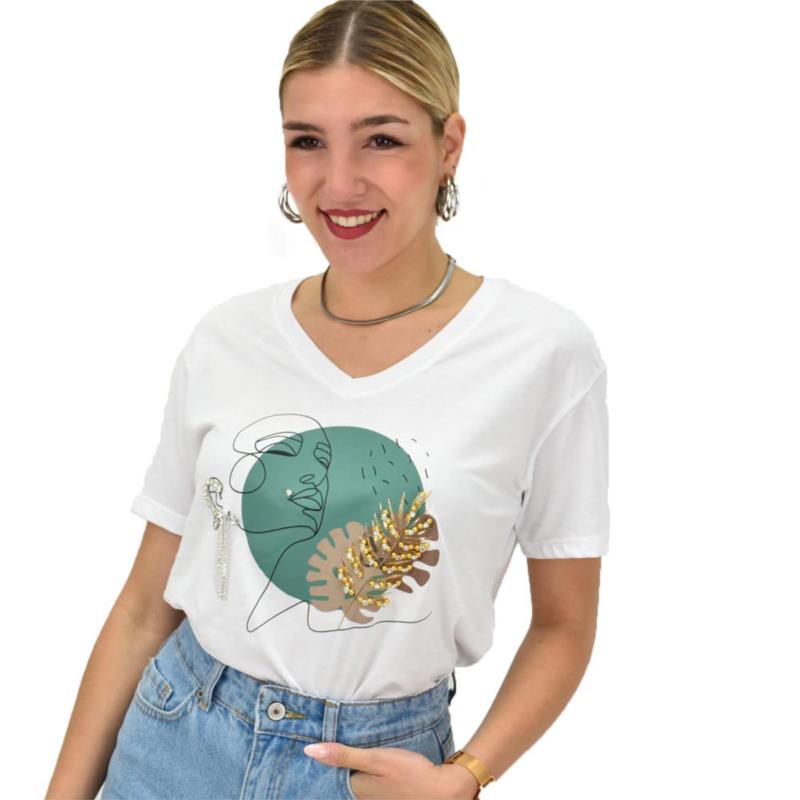 Γυναικείο T-shirt με στρας και σχέδιο Λευκό 20364