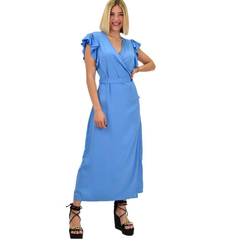 Γυναικείο φόρεμα κρουαζέ αμάνικο με ζωνάκι Μπλε 20532